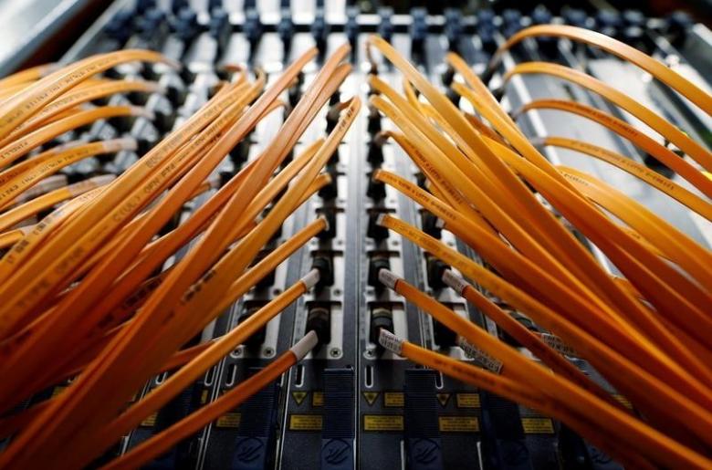 Optical fibre cables of Telecom Italia are seen in a telephone exchange in Rome, Italy December 20, 2013. REUTERS/Alessandro Bianchi/File Photo